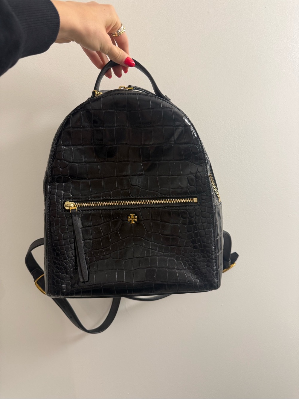 Tory Burch Black Croc-Embossed Leather Mini Backpack with Gold Hardware